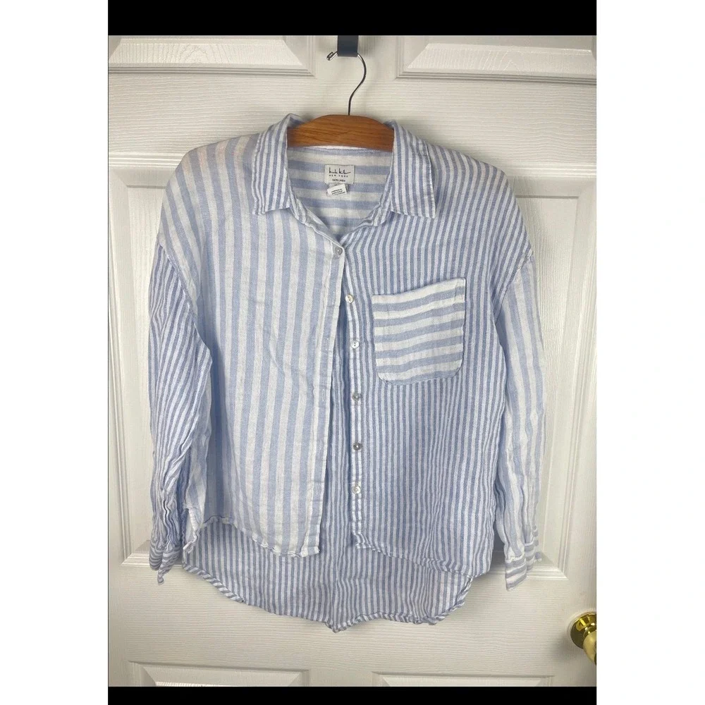 Nicole Miller Linen Blue White Stripe Button Shirt. coastal grandma preppy Beach - Picture 1 of 4